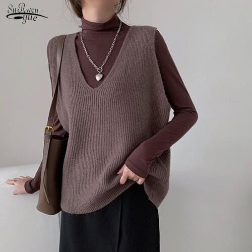 Korean Sleeveless Solid V-Neck Pullover Sweater Black Vests Winter Sweaters Autumn New Loose Knitted Sweater Vest Women 15991