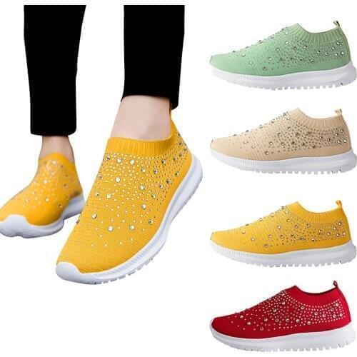 Shoes Sneakers Women Trainers Knitted Sneakers Ladies Slip-On Sock Shoes Sparkly Crystal Non-Slip Walking Shoes кроссовки