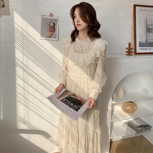 Palace style heavy industry embroidery lace dress 2021 spring new style lace stand collar hollow fairy dress fashion