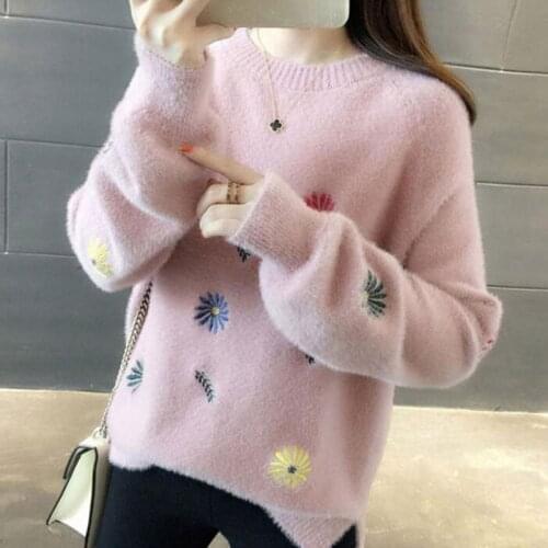 Imitation mink Cute Sweater Korean embroidered Christmas Sweater Women Winter Warm Fluffy Cashmere Jumper Turtleneck Sweater