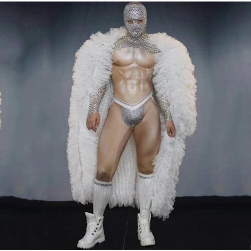 Men Dance Costumes Fake Meat Printing Stretch Long Jumpsuit Rhinestone Headwear Nightclub Performance Festival Outfits DQS5025