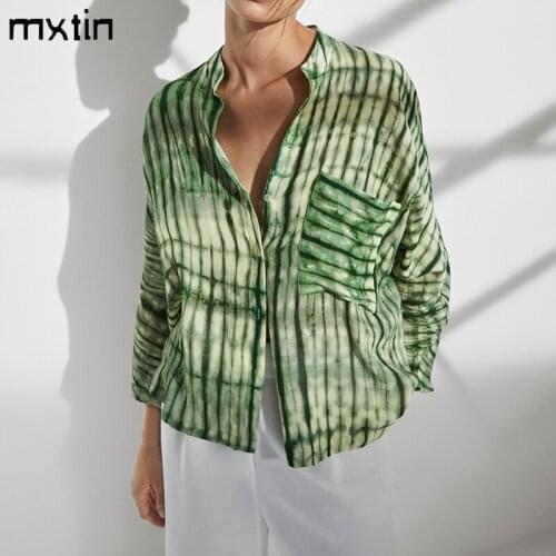 MXTIN 2021 Women Autumn Fashion Green Print Button Cotton Blouses Vintage O-Neck Long Sleeve Pockets Female Shirt Casual Tops