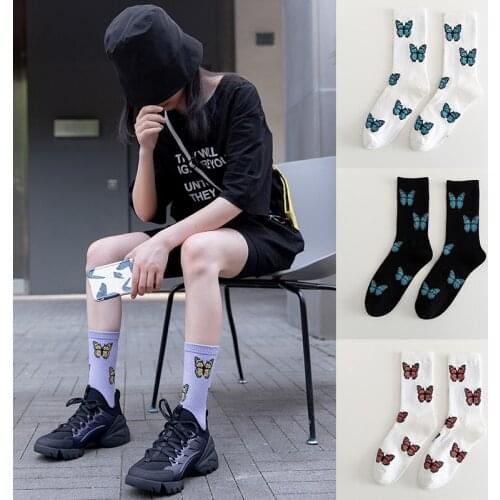 Butterfly Socks Cotton Girl Fashion Streetwear Harajuku Crew Funny Cute Cartoon Socks Women Happy Socks Fashion EU Size35-41