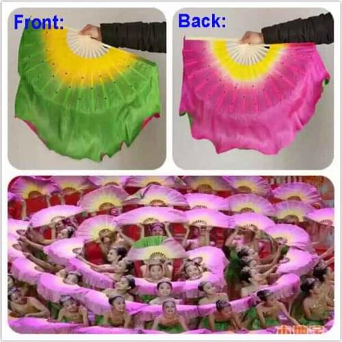 New Chinese Traditional real Silk Fans Veils with 2 sides Gradient color Stage Show Props Fans with sequins on 1pair=2pcs