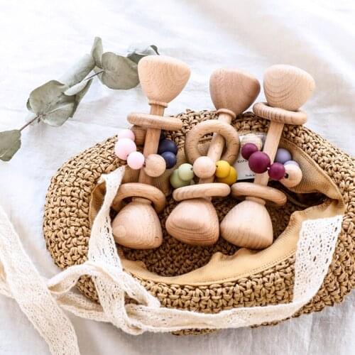 Newborn Baby Rattles Food Grade Silicone Beads Wooden Cone Type Rodent Teething Baby Toys Nursing Pendants Wooden Rattles