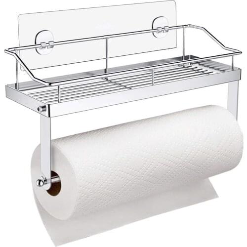 1set Of Bathroom Shelf Stainless Steel No-Drilling Wall Mounted Kitchen Organizer Rack With Paper Roll Holder