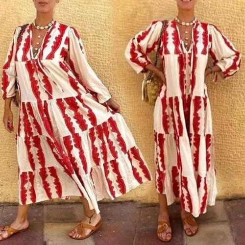 Stunning Women Fashion Printing Loose Dress Ladys Street Snap Wear V-Neck Full Sleeve Lace-Up Mid-Calf Dresses 2020 Autumn Hot