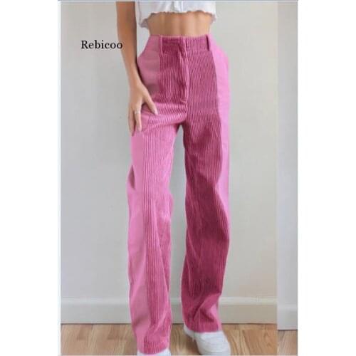Casual Womens Pants High-Waist Gradient Blue Trousers Wide Leg Corduroy Long Denim Jeans Zipper Pocket Casual Bottoms