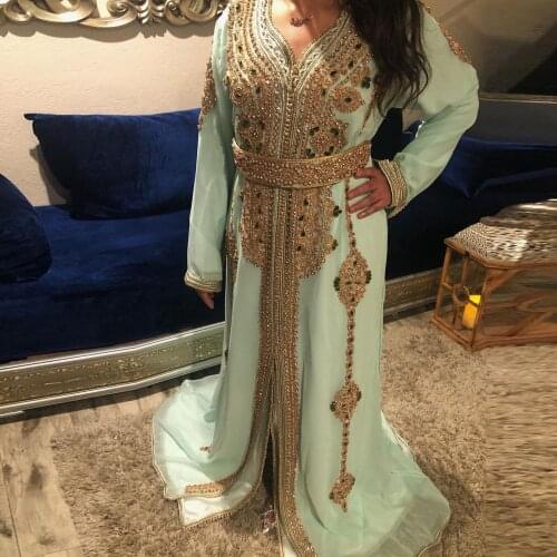 Light Green Moroccan Caftan Evening Dress V-Neck Applique Floor Length Special Occasion Muslim Dubai Prom Dress Custom Made