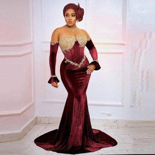 Nigerian Velour Evening Dresses Burgundy Long vestido de fiesta Full Sleeve Evening Dress Mermaid Sweetheart robe de soiree