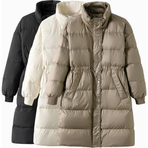 2021 Women White Duck Down Jacket Winter Stand Collar Long Female Loose Jacket Khaki Parka Thick Warm Snow Coat