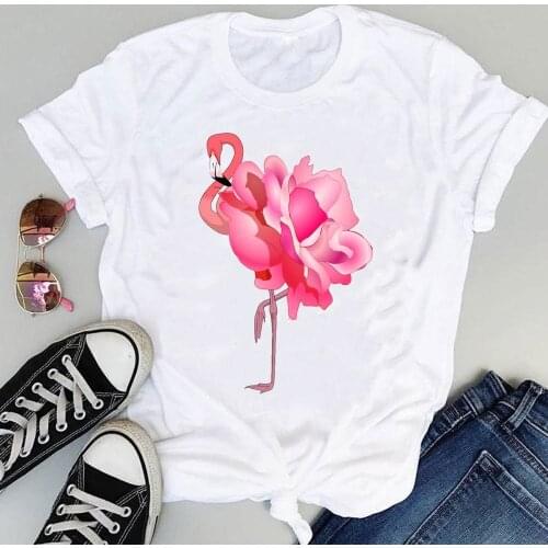 Women Cartoon Flamingo Flower Beach Floral Short Sleeve Graphic Summer Fashion Print Female Clothes Tops Tees Tshirt T-Shirt