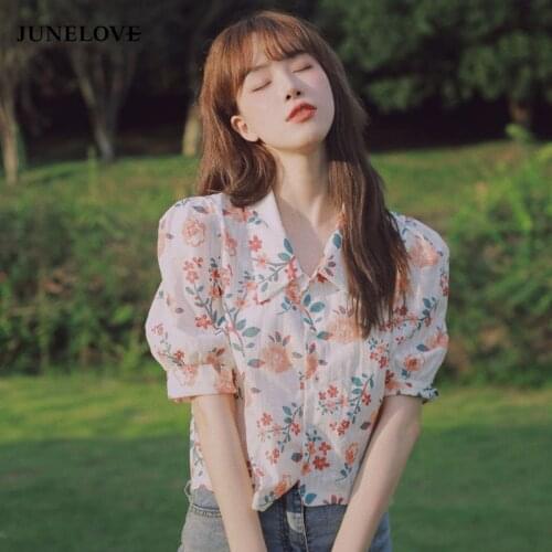 JuneLove Summer Blouse Female Vintage Chiffon Casual Floral Shirts Puff Sleeve Office Beach Blouse Tops Casual Women Crop Tops
