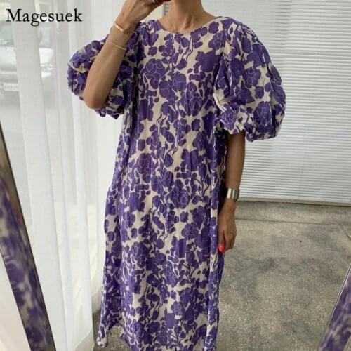 Korean Chic Puff Short Sleeve Summer Dress Women Vintage Casual Print Long Dress Plus Size Loose Woman Dresses Vestidos 14280