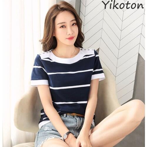 2021 Summer Short Sleeve O-Neck Cotton Tshirt Female Basic Tops Lady Clothing Stripe T-Shirt Women Casual Fashion Clothes Shirt