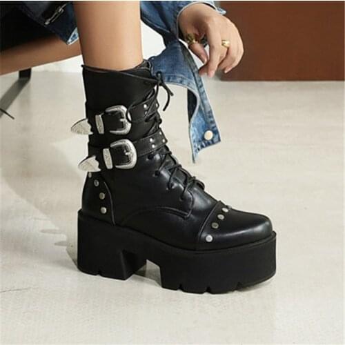 PXELENA Vintage Buckle Rivet Punk Gothic Combat Boots Women Chunky Block High Heel Platform Thick Sole Motorcycle Biker Boots 44