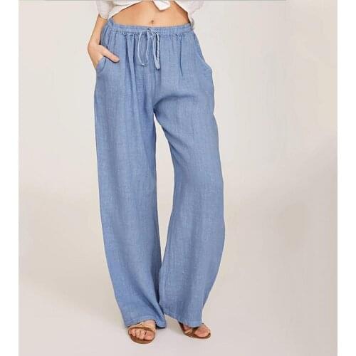 Cotton Linen Pants Women Fashion Solid Color High Waist Drawstring Straight Loose Pants Vintage Casual Lady Wide-Leg Long Pants