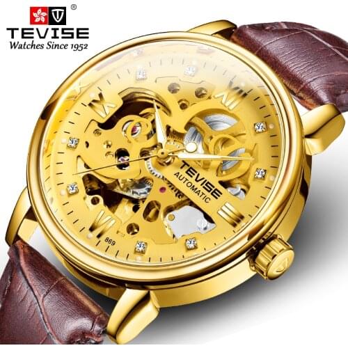 TEVISE Full Gold Mens Automatic Watch Brown Leather Band Transparent Hollow Case Diamond Liminous Hands Waterproof Relojes
