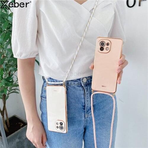Neck Strap Cord Chain Phone Case For iPhone 11 12 Pro Max X XS XR 8 6S 7Plus Mini SE Crossbody Lanyard Glossy Plating Soft Cover