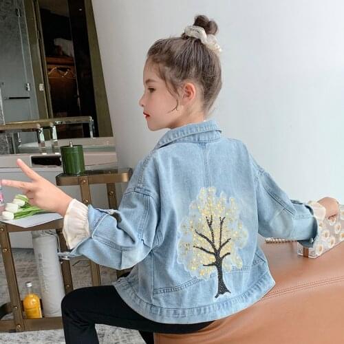 Autumn 2020 Girls Coat Denim Jacket Children Clothes Kids Jacket Embroidery Sequins Outerwear Cowboy Toddle Teenage Coat 3T-14Y