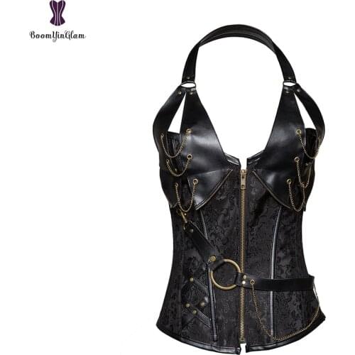 Halterneck Corset Steampunk Gothic Korse Plus Size 6XL Spiral Steel Boned Korsett For Women Metal Chain Ring Bustier T Panty Hot