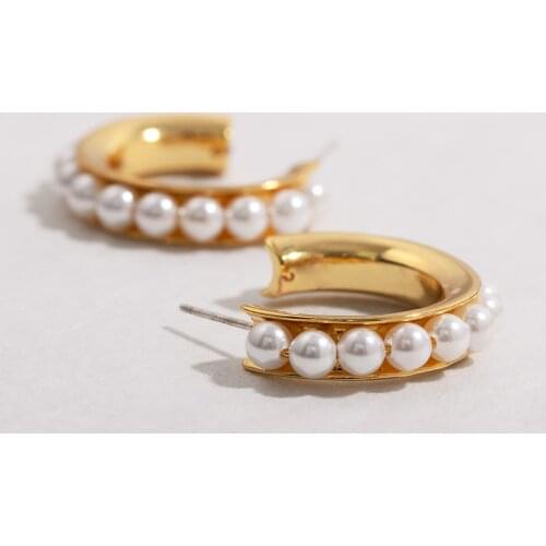 Faux Pearl Drop Earrings Brass With 18k Gold C Shape Women Jewelry Party T Show Gown Punk Gothic Top Runway Rare Korean Japan