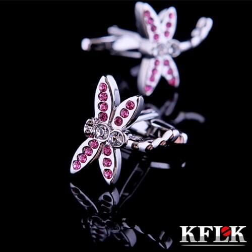 KFLK 2020 Luxury shirt cufflink for women Brand cuff buttons Pink Crystal Dragonfly cuff link High Quality abotoaduras Jewelry