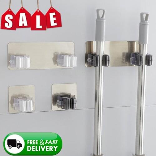 Adhesive Multi-Purpose Hooks Wall Mounted Mop Organizer Holder Rack Brush Broom Hanger Hook Kitchen Bathroom Strong Hooks