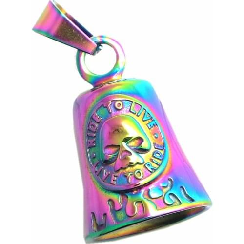 Unisex 316L Stainlesss Steel Blue Ghost Rider Flaming RIDE TO LIVE-LIVE TO RIDE Seketon Multicolor Rainbow color Bell Pendant