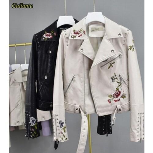 Guilantu Embroidery Floral Motorcycle Jacket Women Clothes Spring Zipper Slim Faux Pu Leahter Coat Female Bomber Biker Jackets