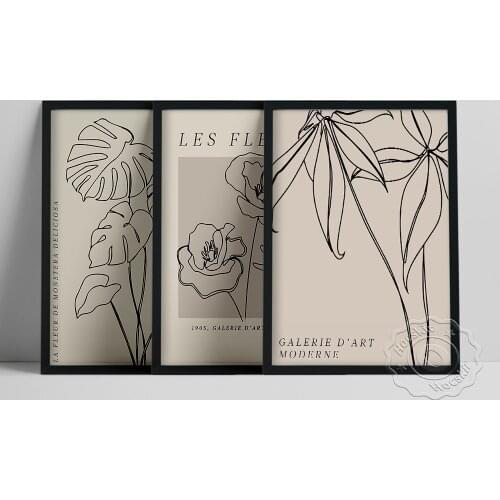 Les Fleurs Print Set, Beige Wall Art, Minimalism Flower Leaf Wall Picture, Abstract Plants Painting, Botanical Line Home Decor