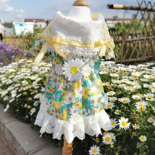 Summer Pet Dog Pure Cotton Dresses Fashion Daisy Print Lace High-end Dresses Cute Puppy Dog Clothes Outerwear Costumes Yorkshire
