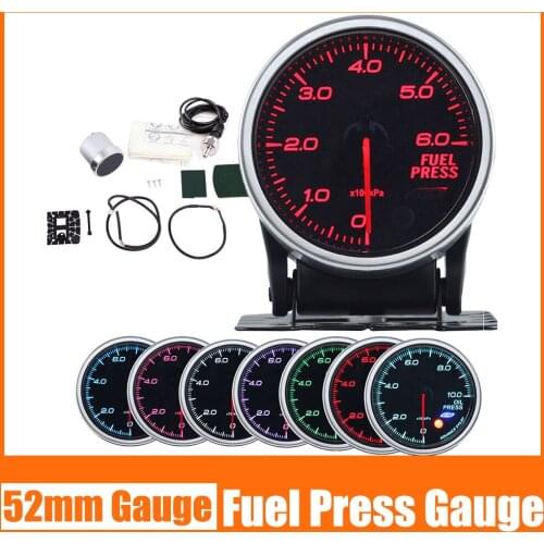 52MM Fuel Press Gauge 0-6BAR With Sensor 7 Color Backlight Fuel Press Meter Smoke Lens Stepper Motor 12V Racing