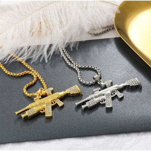 Fashion Hip Hop Submachine Gun Pendant Necklace Crystal Ak 47 Rhinestone Bling Chain Necklace Rapper Jewelry