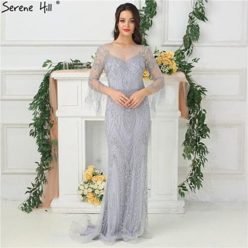 New Grey Luxury Mermaid Fashion Evening Dresses 2020 Long Sleeve High-end Diamond Beading Evening Gowns BLA6634