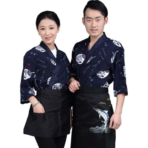 Unisex Japanese Style Food Service Sushi Chef Jacket Kitchen Work Wear Uniform Print Cook Tops Oblique Collar Breathable Kimono