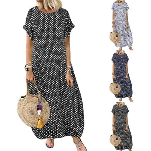Popular Women Dress Dot Print Loose Summer Breathable Skin-friendly Round Neck Short Sleeve Dress for Summer Daily Wear