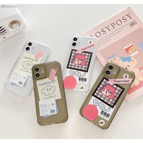 Cute Cartoon Girl And Big Ear Boy Transparent Shockproof Case For iPhone 12 11 Pro Max 7 8 Plus XR X SE2020 TPU Soft Cover Funda