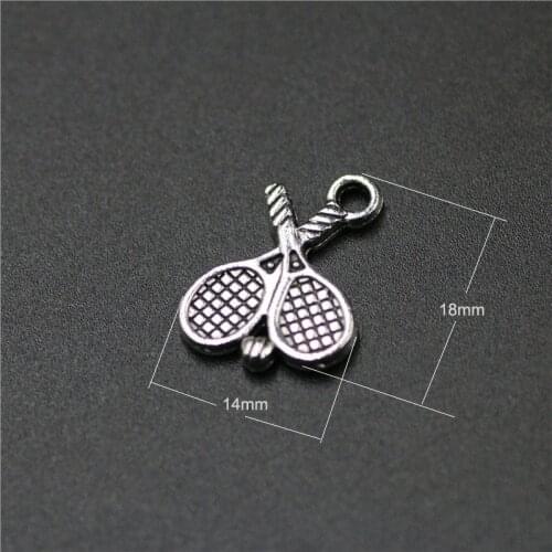 Q0020 High Quality 50 Pieces/Lot 14mm*18mm Antique Silver Plated Alloy Metal Sports Tennis Racket Charm Tennis Ball Charms