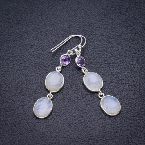 Natural Rainbow Moonstone And Amethyst Handmade 925 Sterling Silver Earrings 2" D3334