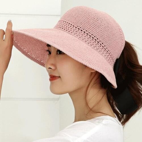 Summer Female Sun Hats Fashion Folding Wide Brim Straw Hat Hollow Sun Visor Cap with Bowknot Women Hat Casual Outdoor Beach Cap