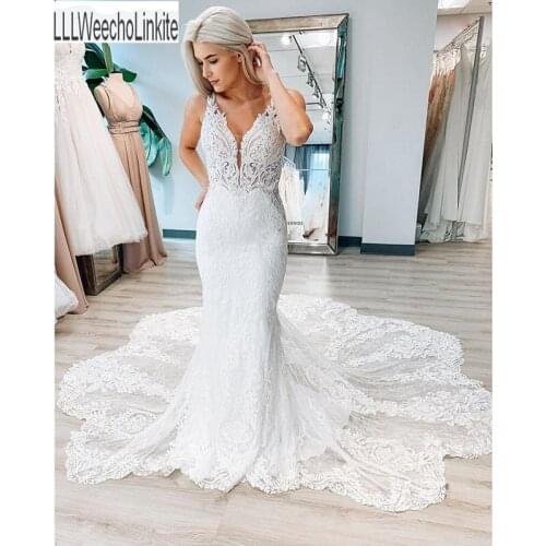 Ivory Lace Tulle Beading Floor-Length Mermaid/Trumpet Wedding Dresses Chapel Train Sleeveless Bridal Gowns Custom Made