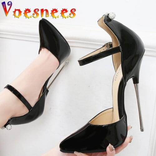 Patent Leather Womens Pumps String Bead Thin Super High Heels Solid Color Pointed Shoes Wild Pole Dance Women Shoes Big Size