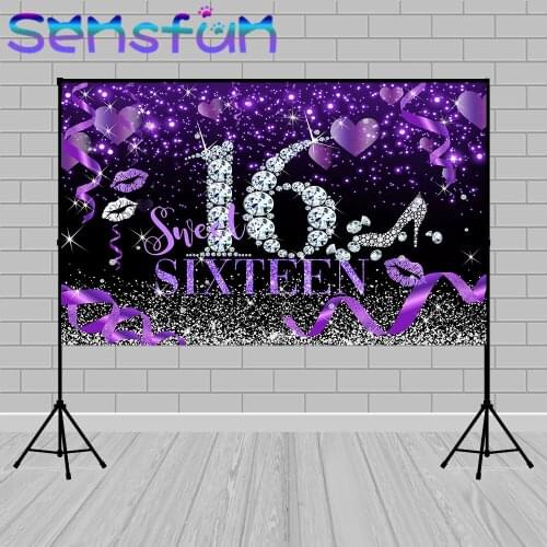 Photo Background Sweet 16 Birthday Backdrop Custom Black and Purple Diamond Glitter Banner Photo Booth Photophone Vinyl