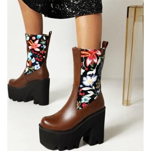 PXELENA Ethnic Floral Women Combat Platform Boots 2022 Winter Block Chunky Super High Heels Thick Sole Punk Gothic Shoes 36-44