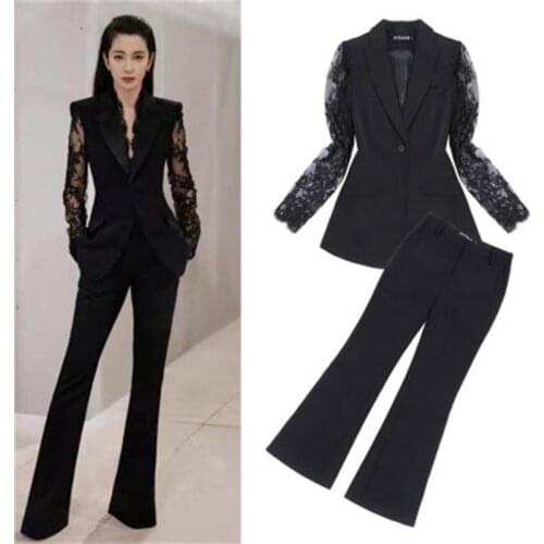 Autumn High Quality Two Piece Set Women Lace hollow stitching Slim Office Lady Blazer Coat+Nine Pants Suit Female Trouser New
