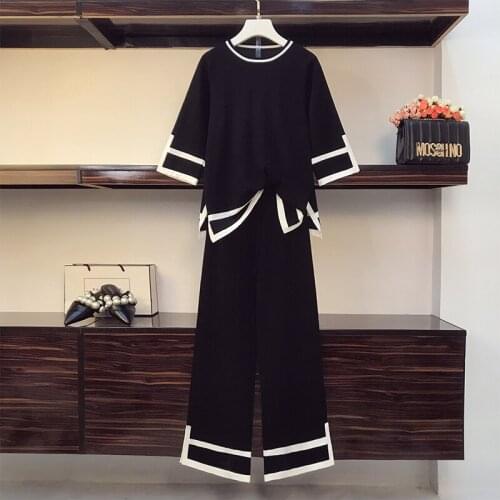 New Arrival Autumn Winter Knitted Two piece Set Casual Womens Pullovers Tops And Wide-Leg Pants Suits High Quality Hit Color