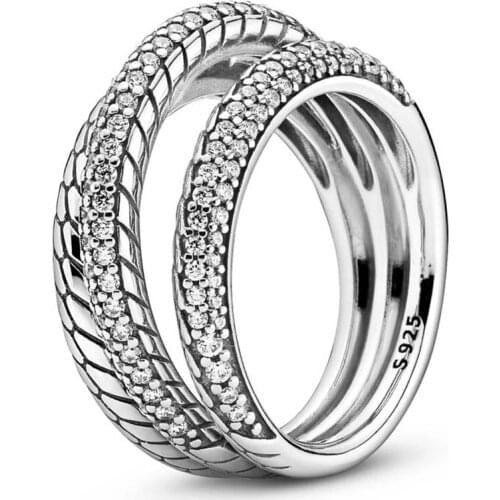 Original Triple Band Pave Snake Chain Pattern Ring With Crystal For Women 925 Sterling Silver Ring Gift Fine Pandora Jewelry