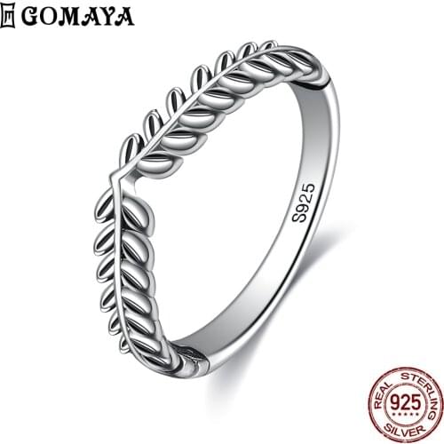 GOMAYA Genuine 925 Sterling Silver Classic Stackable Vintage Lucky Tree Leaf Finger Ring For Women Anniversary Fine Jewelry Gift