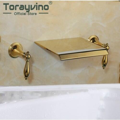Golden Basin Faucet Bathroom Waterfall Brass Gold Faucet Wall Mounted Bathroom Faucets Hot & Cold Water Mixer Faucets